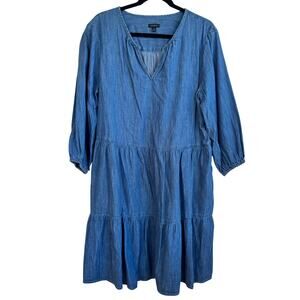 Talbots Chambray Denim Dress Blue Sz XL 3/4 Tiered Skirt